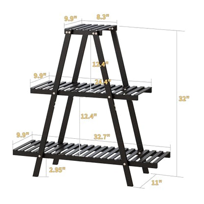 Bamboo Plant Stand Indoor/Outdoor, 3-Tier, Black, Rectangular, 8 Potted Flower Holder Ladder Plant Rack - color: Black