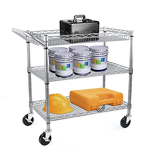 WDT Heavy Duty 3 Tier Utility Cart,Wire Rolling Carts with Wheels, Commercial Grade Service Cart with Shelving Liners and Handle Bar Metal Carts for Kitchen Office Hardware - color: 990lbs Capacity Silver