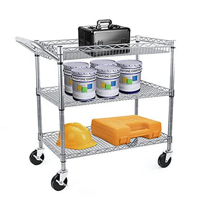 WDT Heavy Duty 3 Tier Utility Cart,Wire Rolling Carts with Wheels, Commercial Grade Service Cart with Shelving Liners and Handle Bar Metal Carts for Kitchen Office Hardware - color: 990lbs Capacity Silver