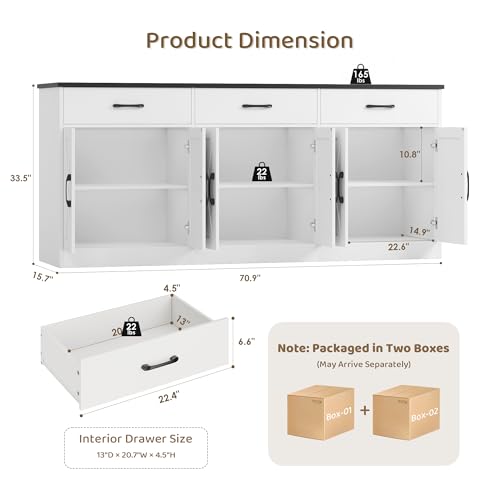 HOSTACK 71" W Kitchen Sideboard Buffet Cabinet with Storage, White/Black | Farmhouse Coffee Bar Cabinet with Wide Drawers, Large Buffet Table with Shelves, Long Kitchen Storage Cabinet for Dining Room - color: White/Black