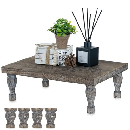 Hanobe Wooden Display Risers for Decor, Rustic White Pedestal Display Stand | 15.7'' Farmhouse Coffee Table Decor for Kitchen Centerpiece Decor, Short & Tall Footed