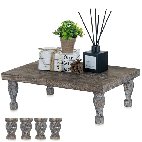 Hanobe Wooden Display Risers for Decor, Rustic White Pedestal Display Stand | 15.7'' Farmhouse Coffee Table Decor for Kitchen Centerpiece Decor, Short & Tall Footed
