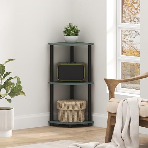 Furinno Turn-N-Tube Toolless Assembly 3-Tier Corner Shelf, Green Corner Book Shelf, Open Shelves Bookshelf, for Organization and Storage, Living Room, Home Office, Bedroom, Light Sage - color: Light Sage/Black, size: 3-Tier Corner