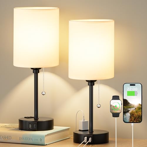 Bedside Table lamp for Bedroom Set of 2 - 3 Color Temperatures Small Lamps with USB C and A Ports, Pull Chain Table Lamps with AC Outlet, White Nightstand Lamps with Black Metal Base for Kids Reading - color: White / Black, size: 14.6 in