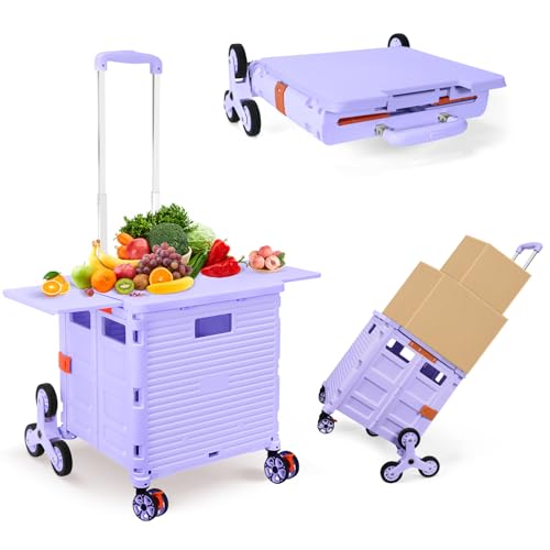 Foldable Utility Cart with Stair Climbing Wheels,Collapsible Rolling Crate with Magnetic Lid Telescopic Cover,Telescoping Handle,360° Rotate Wheel Hand Cart for teacher Shopping Moving Grocery(Purple) - color: Purple, size: Magnetic Extended Lid &Climber