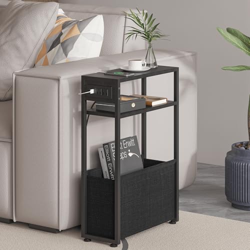 Leomonio Narrow Side Table with Charging Station, Slim End Tables with Linen Basket, Skinny Table for Small Spaces, Thin Bedside Table for Living Room, Bedroom - color: Ebony Black + Slate Gray - Outlet