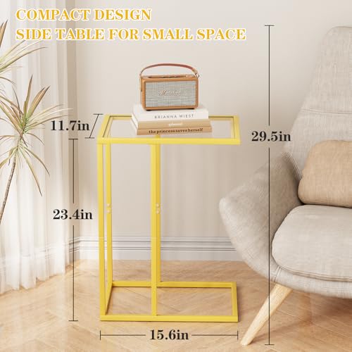 C Table Side End Table, Small C Shaped Table for Sofa,Glass Couch Sofa Tray Snack Table for Living Room, Bedroom,TV Tray Table for Small Space,Accent Coffee Table,Nightstand with Metal Frame(Yellow) - color: Yellow