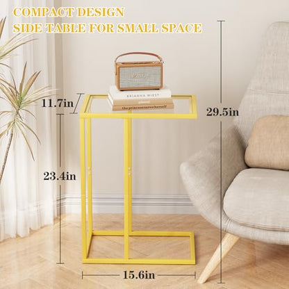 C Table Side End Table, Small C Shaped Table for Sofa,Glass Couch Sofa Tray Snack Table for Living Room, Bedroom,TV Tray Table for Small Space,Accent Coffee Table,Nightstand with Metal Frame(Yellow) - color: Yellow