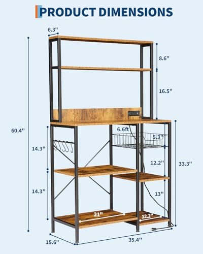 Garvee Kitchen Bakers Rack with Power Outlet, 35 * 60inch Microwave Oven Stand with Storage 4 Tiers, Coffee Bar Table with 5 S Hooks, Kitchen Storage Shelf Rack for Spices, Pots, Rustic Brown - size: 35*60