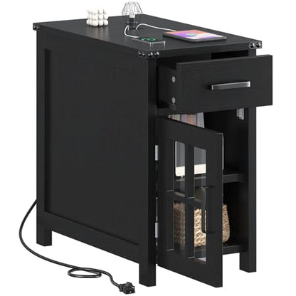 VVFLU Farmhouse End Table with Charging Station and 1 Storage Cabinet, 1 Drawer, Black Wood Nightstand Narrow, Skinny Side Table, Slim Bedside Table, Small Nightstand for Bedroom, Living Room, Sofa - color: Black/Glass
