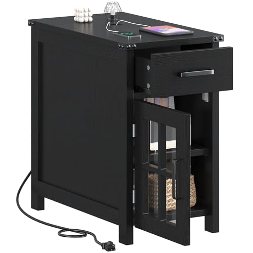 VVFLU Farmhouse End Table with Charging Station and 1 Storage Cabinet, 1 Drawer, Black Wood Nightstand Narrow, Skinny Side Table, Slim Bedside Table, Small Nightstand for Bedroom, Living Room, Sofa - color: Black/Glass