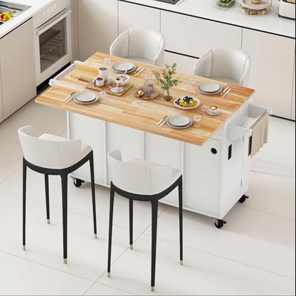 Kitchen Island Cart with Storage on Wheels, 59" Large Rolling Kitchen Island with Drop Leaf, Mobile Island for Kitchen with Towel Rack, Drawers for Dining Room, White - size: 59.3" W, style: White