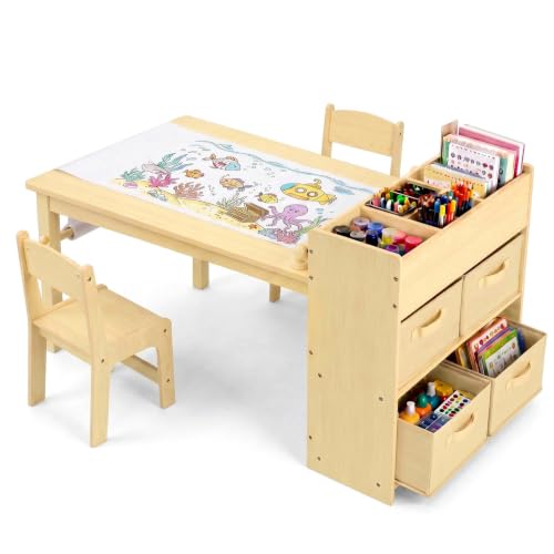 Kids Art Table & 2 Chairs Set, Wooden Activity Craft Desk w/ Paper Roll | Sturdy Wooden Table with Organizers, Open Shelves, Removable Bins, for Toddlers Art Crafts Drawing Painting Writing (Natural) - color: Natural