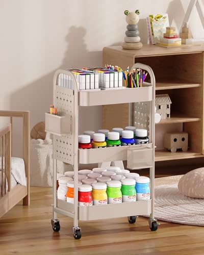 ALVOROG 3 Tier Rolling Cart with DIY Pegboards Metal Utility Cart with Wheels Handles Baskets Hooks, Craft Cart for Office Kitchen Bathroom(Khaki) - color: Khaki