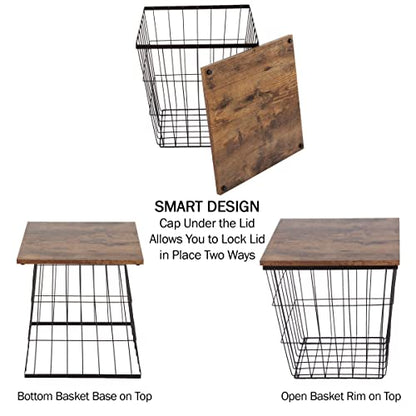 Lavish Home End Tables - Square Nesting Tables Set of 2, Brown Woodgrain | 15.75”/14.5” Side Tables with Removable Wood Tops & Metal Basket Bases for Blanket Storage, Living Room, Bedroom, Home Office - color: Brown Square 2