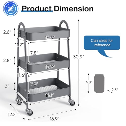 DUMOS 3 Tiers Metal Rolling Utility Cart with Lockable Wheels, Mobile Storage Organizer, Utility Shelving Unit for Kitchen, Office, Bathroom, Laundry, Narrow Places, Gray - color: 3 Tiers Gray