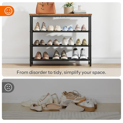 HOOBRO Shoe Rack with 3 PU Shelves, 4-Tier Shoe Storage Organizer for Closet and Entryway, Holds 9-12 Pairs of Shoes, Sturdy Metal Frame, Small Spaces, Rustic Brown and Black BF94XJ01