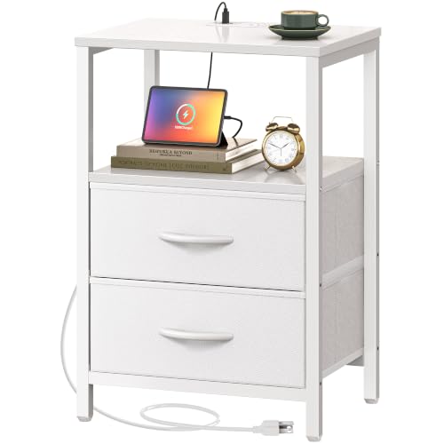 Huuger Nightstand with Charging Station, Side Table with 2 Fabric Drawers, End Table with Open Shelf, Bedside Table with USB-C Port and Outlets, Night Stand, PU Leather, White - color: White, size: 11.8"d X 15.7"w X 23.6"h (2 Drawers)