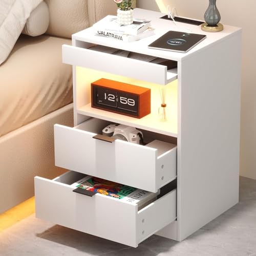 Yusong Night Stand, Bedside Table, LED Nightstand with Charging Station, Modern Night Stand, Wood Sofa Couch End Side Table with 2 Pull-Out Shelf (White 001) - color: White 001
