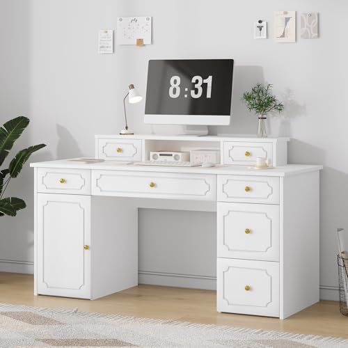Catrimown White Desk with 7 Drawers, 54 Inch Computer Desk with Cabinet for Work Writing Study, Vanity Desk with Golden Handle for Girls, Bedroom - color: White