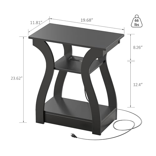 FROMJBEST End Tables Living Room with Charging Station, Black Side Tble | Side Table Living Room, with USB Ports and Outlets, Nightstand for Bedroom, 3-Tier Storage Shelf, Bedside Table - color: Black