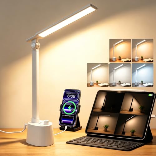 BOHON Small Desk Lamp with USB C Charging Port 5 Colors Stepless Dim White | Reading Light Space-Saving Rotating Head Desk Lamp for Home Office College Dorm Room Bedside Table Bedroom - color: Matte White