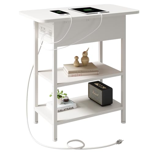 LIDYUK End Table with Charging Station, Flip Top Side Table with USB Ports and Outlets, Nightstand for Small Spaces, Bedside Tables with Storage Shelf for Living Room, Bedroom, White | Equipped with USB Ports and Outlets, Nightstand for Small Spaces, Beds