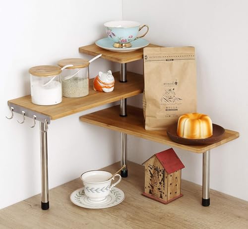 3-Tier Corner Shelf, Bamboo & Metal Storage Rack with Hooks, Adjustable Countertop Organizer for Kitchen, Bathroom, Bedroom or Office