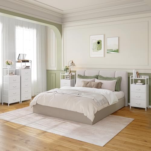 Somdot Nightstand with 3 Drawers, Dresser with Fabric Bins for Bedroom, Hallway, Entryway, Night Stand Bedside Table Furniture, Sturdy Steel Frame, Wooden Top, Easy Pull Fabric Bins, White Leather - color: White Leather, size: 11.4"D x 15.2"W x 30.6"H (3