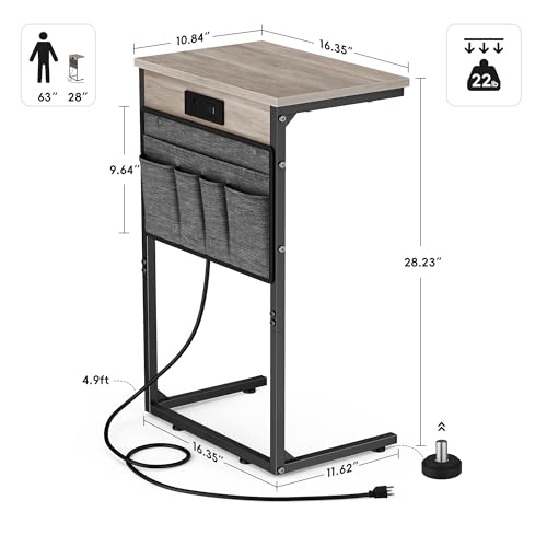C Shaped End Table with Charging Station, 28" Tall Couch Side Table, Sofa Table Beside Table, Slide Under Sofa Arm C Table for Small Spaces, TV Tray Table for Living Room, Bedroom, Gray - color: Grey