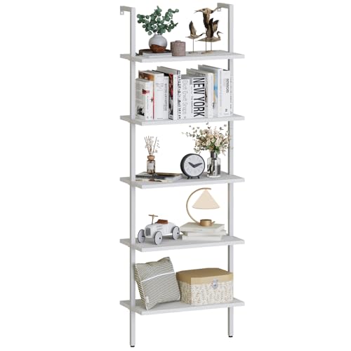 aboxoo Ladder Shelf White Wooden Bookshelf 5-Tier Wall-Mounted Open Wood Rack Industrial Modern Plant Flower Stand Utility Organizer Bookcase Metal Frame Furniture Office Kitchen Bedroom - color: White Wood 5-tier, size: 1PC