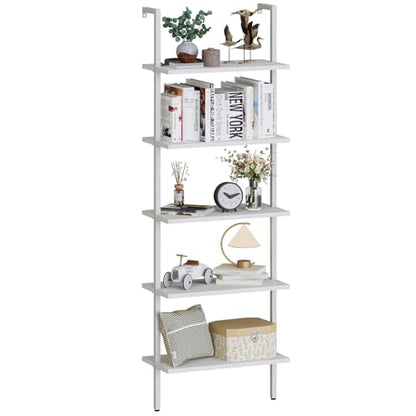 aboxoo Ladder Shelf White Wooden Bookshelf 5-Tier Wall-Mounted Open Wood Rack Industrial Modern Plant Flower Stand Utility Organizer Bookcase Metal Frame Furniture Office Kitchen Bedroom - color: White Wood 5-tier, size: 1PC