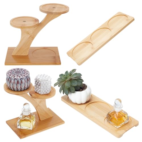 2 Packs Bamboo Tabletop Plant Stand Set, 3-Tier Succulent Herb Stand & Bamboo Planter Saucers for Indoor/Outdoor Garden, Home, Office, Living Room & Bedroom Decor