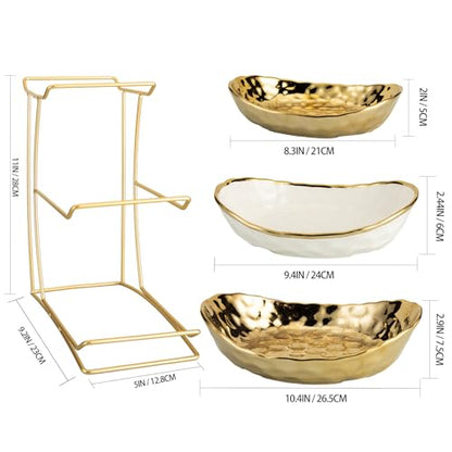 YYW 3 Tier Fruit Bowl for Kitchen Counter, White Gold Ceramic Fruit Stand for Countertop, Home Fruit Rack with Holder, Vegetable Bowl Snacks Nuts Bread Candy Storage (Gold) - color: Gold