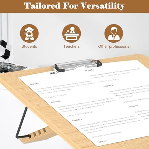 Slant Board for Writing Adjustable Slanted Writing Board Easel for Desk | Bamboo Writing Board Stand with Metal Clip, 4 Adjustable Angles, Foldable Slanted Clipboard for Handwriting, Reading, Drawing