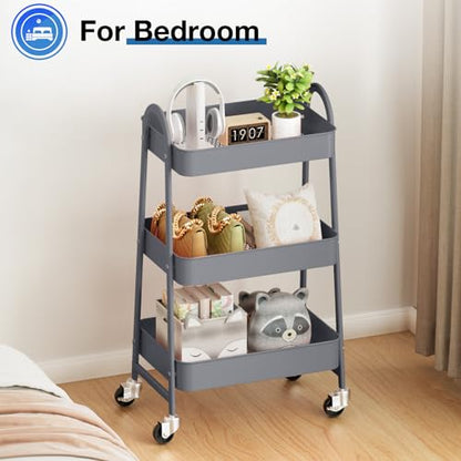 DUMOS 3 Tiers Metal Rolling Utility Cart with Lockable Wheels, Mobile Storage Organizer, Utility Shelving Unit for Kitchen, Office, Bathroom, Laundry, Narrow Places, Gray - color: 3 Tiers Gray