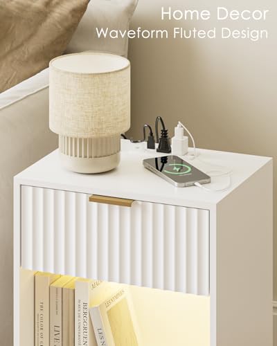 Masupu Fluted Nightstand with Charging Station and LED Lights,Modern Night Stand Wood Bedside Table with Storage Drawer Side End Table for Bedroom, Office,White - color: Light-white