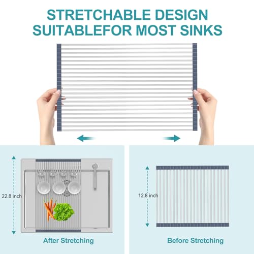 BBXTYLY Extra Large Expandable Roll Up Dish Drying Rack,Over The Sink Drying Rack Sink Cover Kitchen Sink Accessories Kitchen Rolling up Stainless Steel Drainer, Foldable,Rollable（Grey，22.8'-17.3''） - color: Gray, style: 22 tubes,expandable