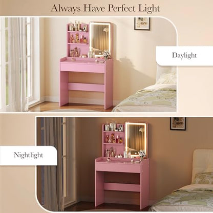 Memobarco Small Vanity Desk with Mirror and Lights, Makeup Vanity with Drawer & Storage Shelves, Vanity Desk with 3 Lighting Modes & Adjustable Brightness, Dressing Table for Women Girls Bedroom, Pink - color: Pink