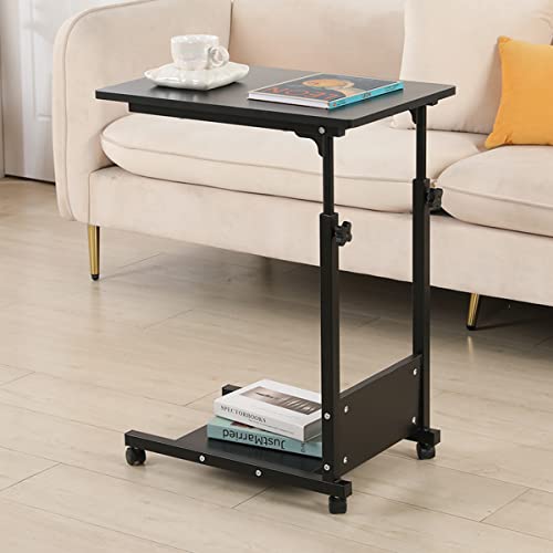 TigerDad Adjustable Height C Table Sofa Side Bedside Table with Wheels, Hospital Bed Table Rolling Tray with Storage, Mobile Computer Desk Laptop Table for Home Use - color: Black
