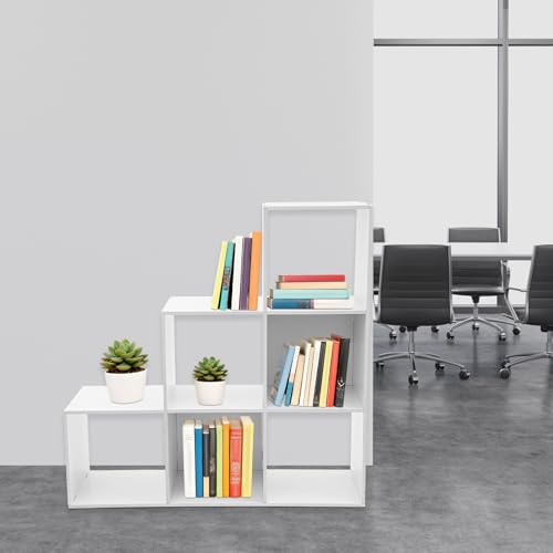 3-Tier Stepped Bookshelf, 6 Cube Storage Organizer Floor Standing Storage Shelf Modern Open Bookshelf for Home and Office (White) - size: 6 Cube L-Shaped