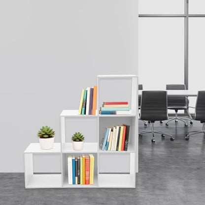 3-Tier Stepped Bookshelf, 6 Cube Storage Organizer Floor Standing Storage Shelf Modern Open Bookshelf for Home and Office (White) - size: 6 Cube L-Shaped