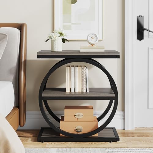 LITTLE TREE 3-Tier End Table Set 2, Grey Side End Table with Storage Shelves, Small Sofa Side Table for Living Room, Slim Nightstand and Bedside Table with Black Double Round Metal Legs - color: Grey and Black