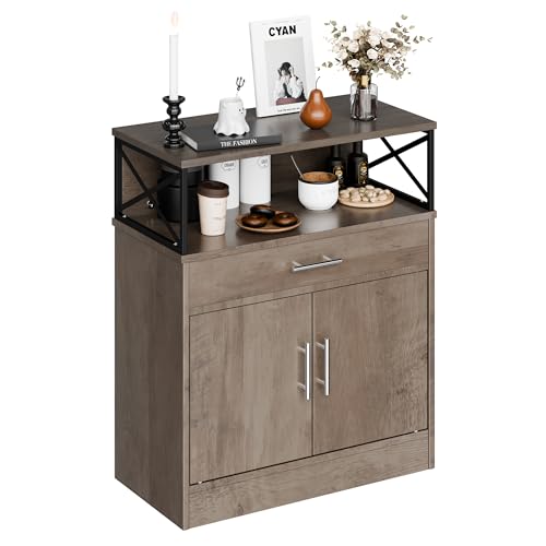SUNLEI Kitchen Buffet Sideboard Cabinet, Storage Cabinets with 2 Doors and 1 Drawers, Open Storage & Adjustable Shelf, Farmhouse Coffee Bar Cabinet with Storages for Kitchen, Rustic Grey - color: Grey, size: 31.5 inch