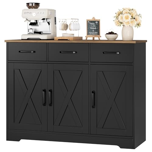 HOSTACK Modern Farmhouse Buffet Sideboard Cabinet, Barn Doors Storage Cabinet with Drawers and Shelves, Wood Coffee Bar with Storage for Dining Room, Kitchen, Living Room, Black/Rustic Brown - color: Black/Rustic Brown