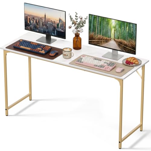 55 Inch Computer Desk, Large Office Desk, Metal Frame Writing Table with Reinforced Sturdy Build, Water-Resistant & Scratchproof Surface, Adjustable Feet for Bedroom Home Office & Study, Gold - color: Gold, size: 55 inch