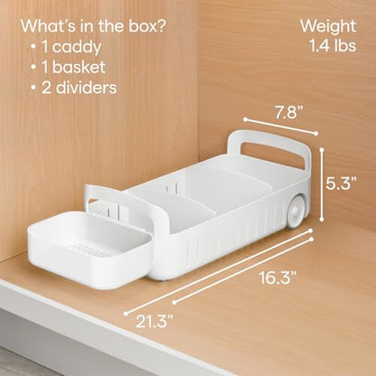 YouCopia RollOut Caddy Rolling Storage Bin with 2 Adjustable Dividers and Removable Basket for Kitchen and Bathroom Under Sink Organization, 8" Wide