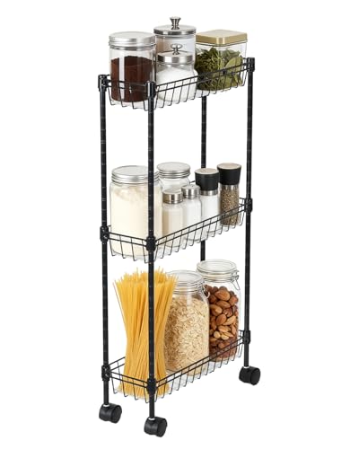4-Tier Slim Rolling Storage Cart, 5.91" Wide Narrow Metal Utility Cart on Wheels, Multi-Functional Adjustable Shelving Unit with Anti-Fall Pads for Kitchen Gap, Bathroom, Laundry Room, Black - size: 3-tier