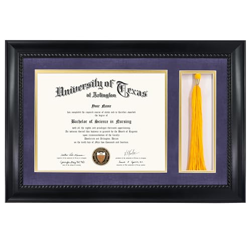 GMFrames 8.5x11 Diploma Frame with Tassel Holder, Solid Wood & Tempered Glass, Purple over Gold Mat, Black Finish with Intricate Black Rope Detail - color: Black / Purple Gold Mat, size: 11x17 for 8.5x11 with Tassel