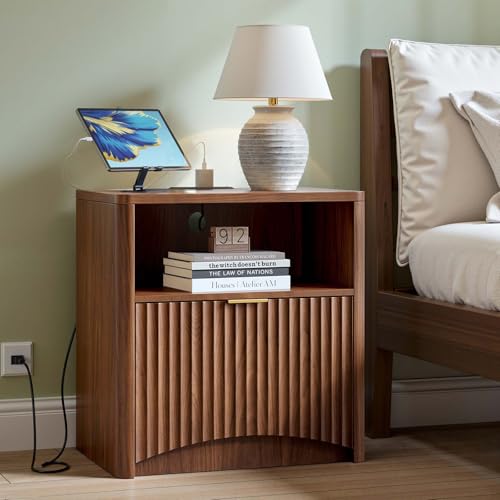Evermagin Fluted Nightstand with Charging Station, Walnut Bedside Table with Drawer and Storage, Wood End Table Mid Century Modern, Large Night Stand for Bedroom - color: Walnut, size: 1 Drawer (With Charging Station)